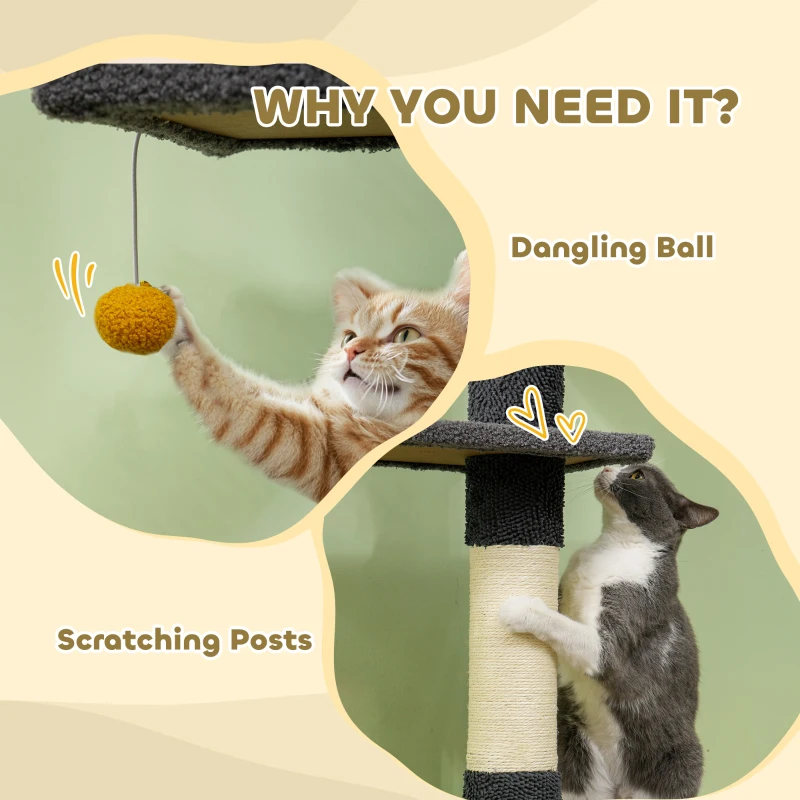 PawHut Floor to Ceiling Cat TreeTower with 90.5"-108" Adjustable Height, Scratching Posts, Hammock, Condo, Toy Ball, Dark Grey