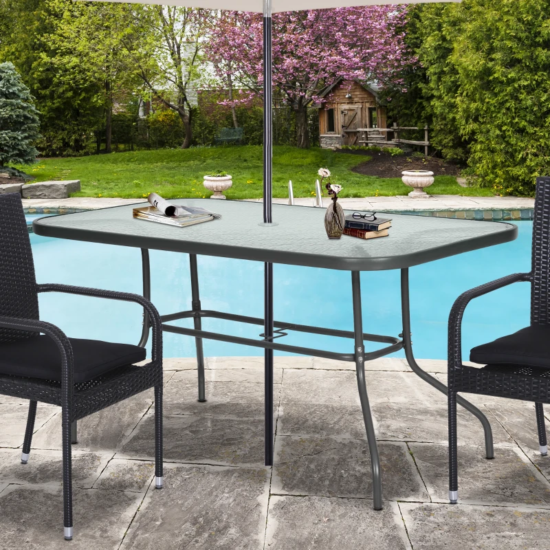 Outsunny Metal Garden Dining Table with Umbrella Hole, Outdoor Patio Table with Tempered Glass Top, 55" x 31.5"
