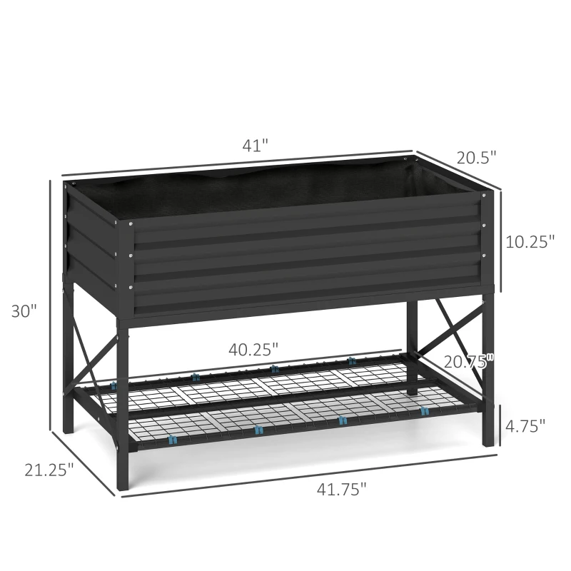 Outsunny Galvanized Raised Garden Bed, Metal Planter Box with Legs, Storage Shelf and Bed Liner, Dark Gray