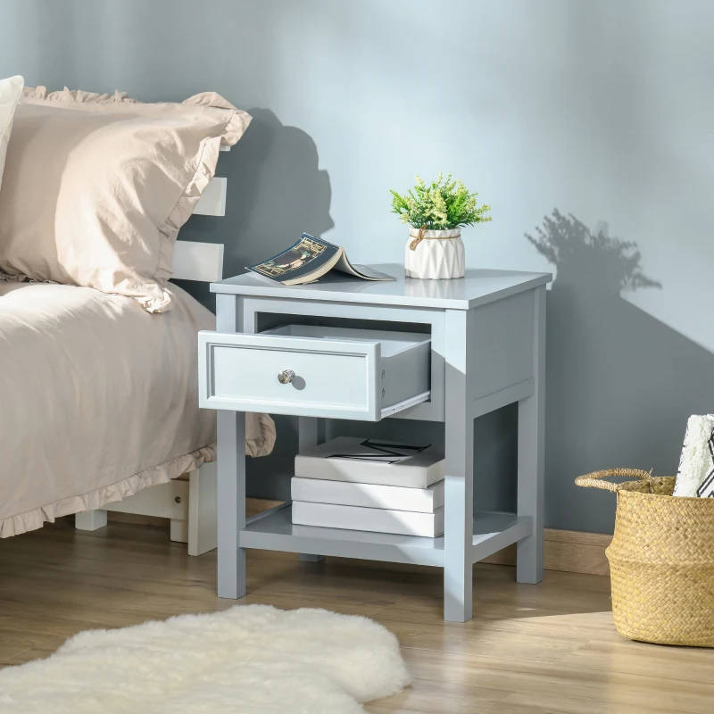 HOMCOM Accent End Table Nightstand with Grey Tabletop, Storage Drawer, and Bottom Shelf, Grey