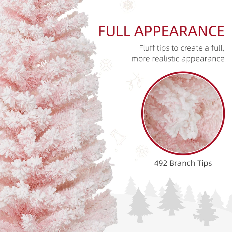 HOMCOM 6ft Flocked Christmas Tree, Pencil Christmas Tree with Realistic Branch Tips, Folding Metal Stand, Pink
