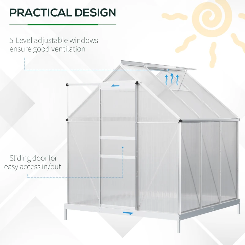 Outsunny 6' x 6' x 6.5' Polycarbonate Greenhouse with Aluminum Frame, Walk-in Heavy Duty Green House with Adjustable Roof Vent, Rain Gutter and Sliding Door for Winter, Silver