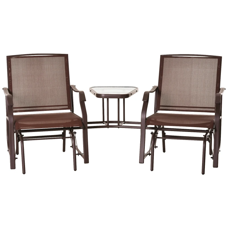 Outsunny Outdoor Glider Chairs with Coffee Table, Patio 2-Seat Rocking Chair Swing Loveseat with Breathable Sling for Backyard, Garden, and Porch, Coffee Brown