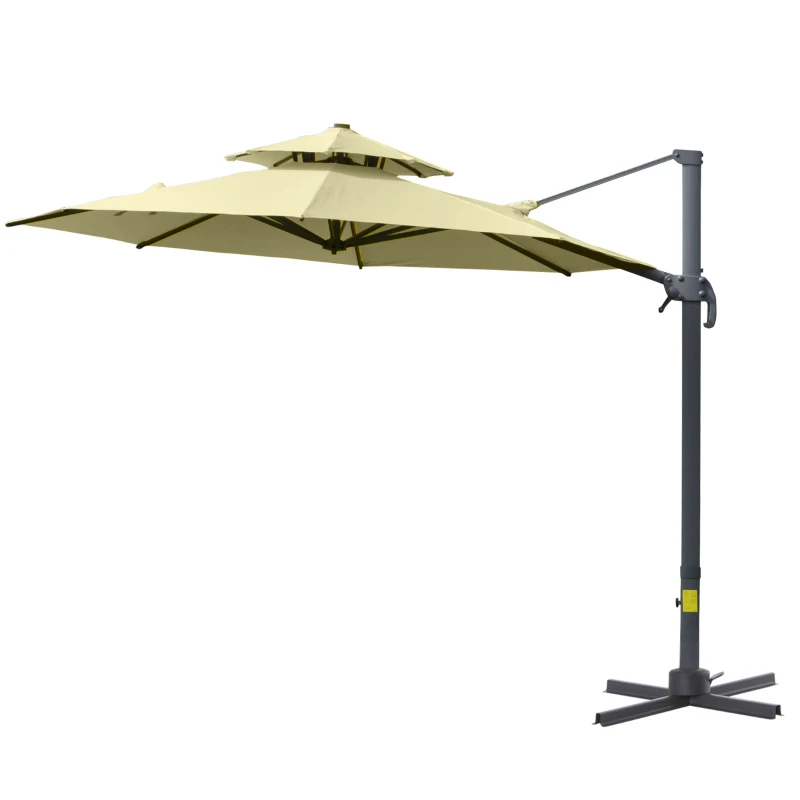 Outsunny 11ft Cantilever Patio Umbrella with Base, Double Top Hanging Aluminum Offset Umbrella with 360° Rotation, Easy Tilt, 8 Ribs, Crank, Cross Base for Backyard, Beige