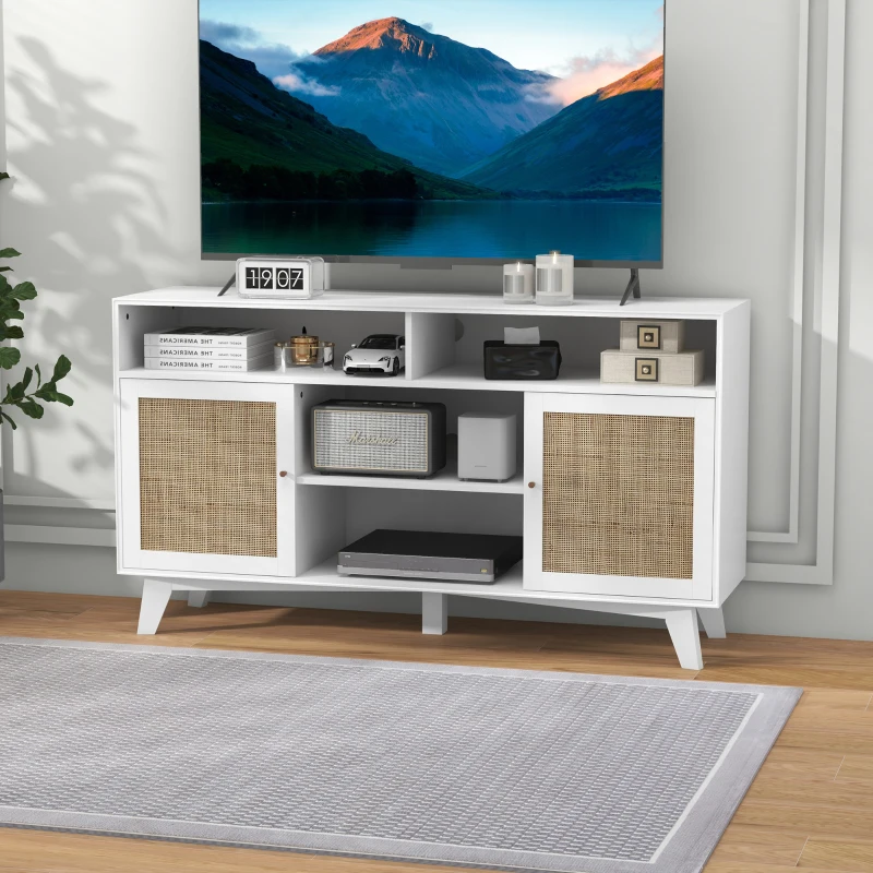 HOMCOM TV Stand Cabinet for 65-Inch, TV Table with 2 Rattan Doors, Television Stand with Adjustable Shelves, 4 Open Shelves