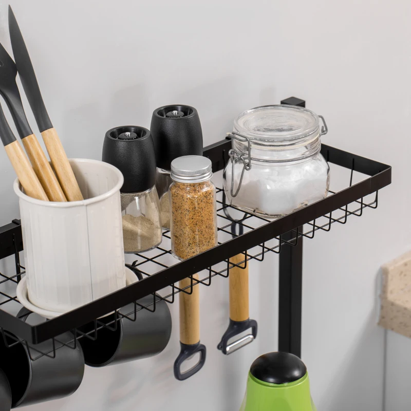 HOMCOM Industrial Multifunctional Kitchen Bakers Rack, Microwave Stand, Coffee Bar Station with Storage Shelves, Wire Basket, 5 Hanging Hooks, Walnut