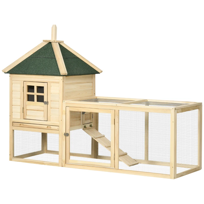 PawHut 68" Wooden Rabbit Hutch, Pet Playpen with 3 Doors, Bunny House Enclosure with Slide-out Tray, Ramp, for Rabbits and Small Animals, Natural