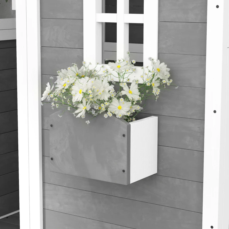 Outsunny Outdoor Wooden Playhouse for Kids with Floor, Door, Windows, Planter Box for 3-8 Years Old, Backyard, Lawn, Garden