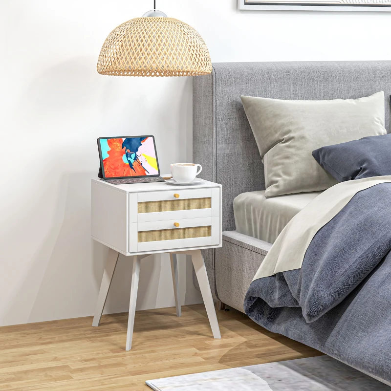 HOMCOM Boho Night Stands Set of 2, Bedside Tables with 2 Rattan Drawers, Square End Tables for Bedroom, Living Room