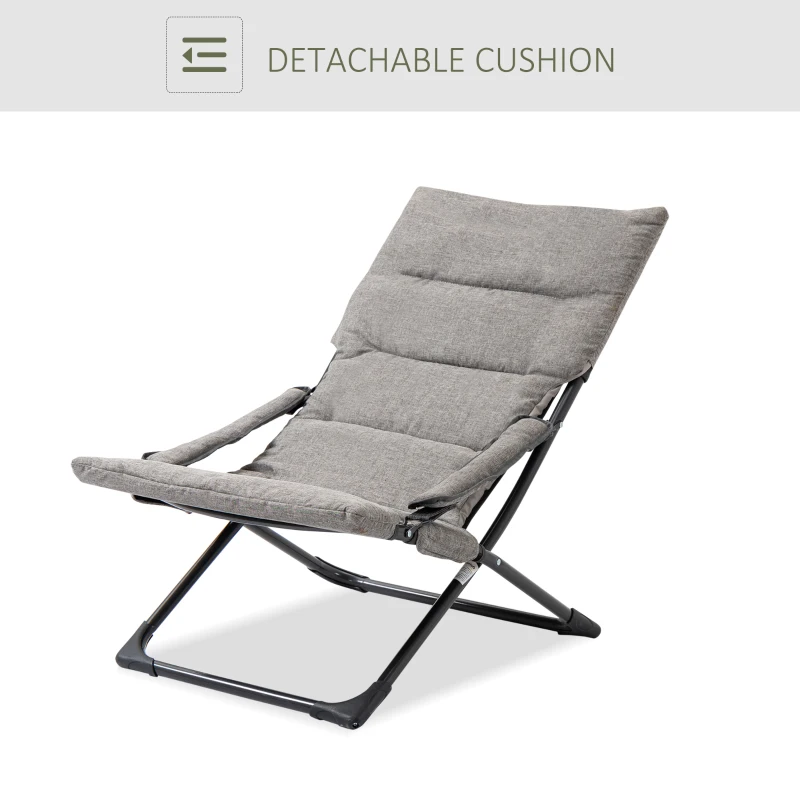Outsunny Folding Lounge Chair, Mesh Fabric Lounger with Thick Padded Cushion and Armrest, Camping Beach Chair for Poolside, Deck, Backyard, Grey