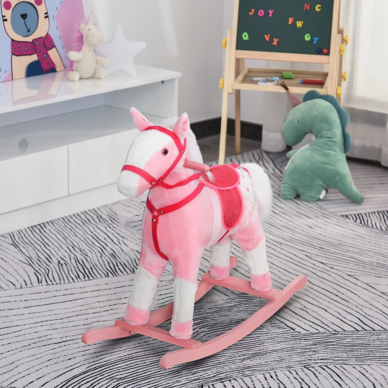 Qaba Rocking Horse Plush Pony Children Kid Ride on Toy w/ Realistic Sound (Light Pink)