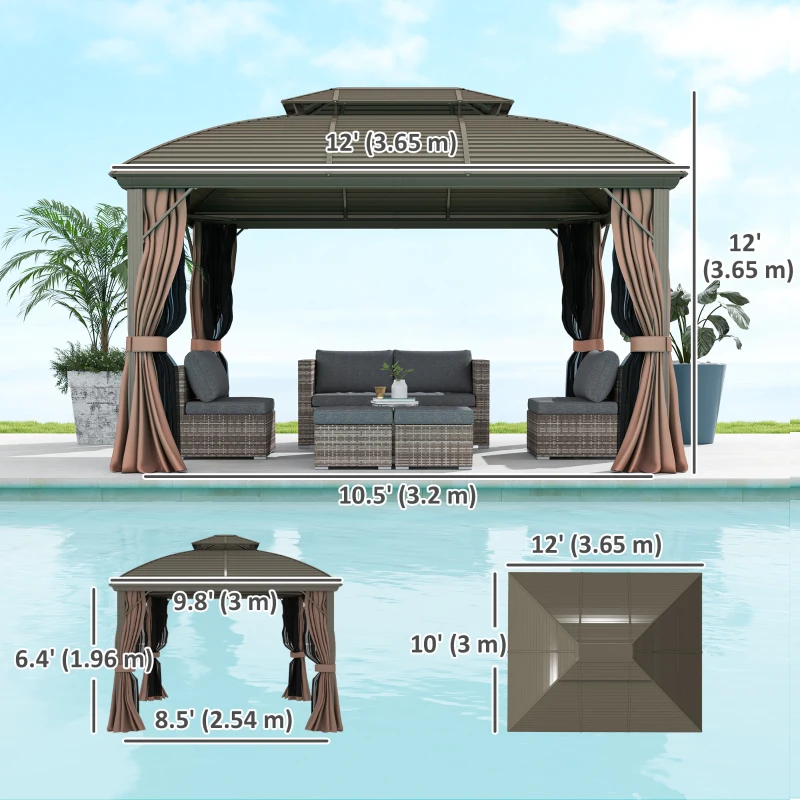 Outsunny 10' x 12' Hardtop Gazebo Canopy with Double Roof, Netting and Curtains for Garden, Backyard, Deck, Coffee
