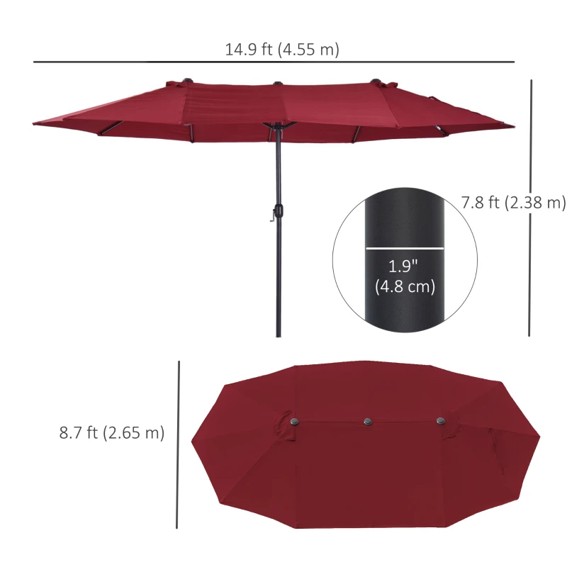 Outsunny 15ft Double-sided Patio Umbrella with Twin Canopy, Extra Large Outdoor Parasol with Crank for Pool, Deck, Market, Wine Red