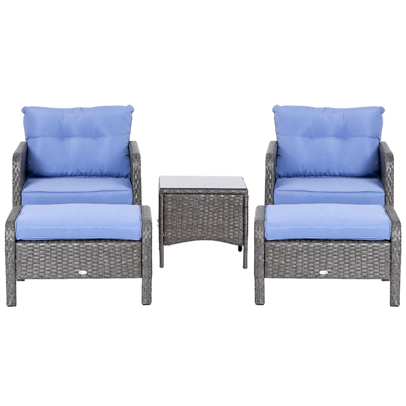 Outsunny 5pcs Patio Rattan Coffee Set Garden Wicker Bistro Set with Ottoman Yard Sofa Conversation Set Armchairs Tea Table & Footstool w/ Cushions All Weather Deck Furniture, Blue