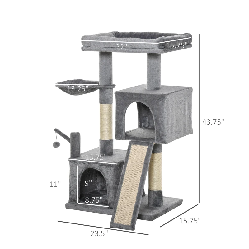 PawHut Cat tree Tower Climbing Kitten Activity Center Furniture with Sisal Scratching Post Pad Hammock Perch Condo Hanging Balls 23.5" x 15.75" x 43.75" Grey