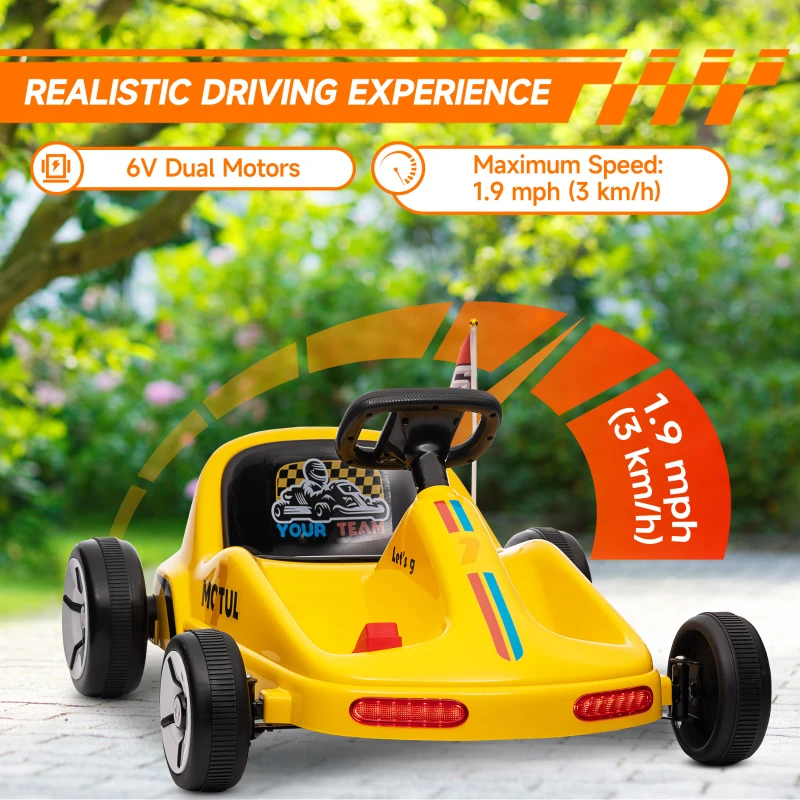 Qaba 6V Electric Go Kart for Aged 3-5 Kids with Music, Light, Horn, Yellow