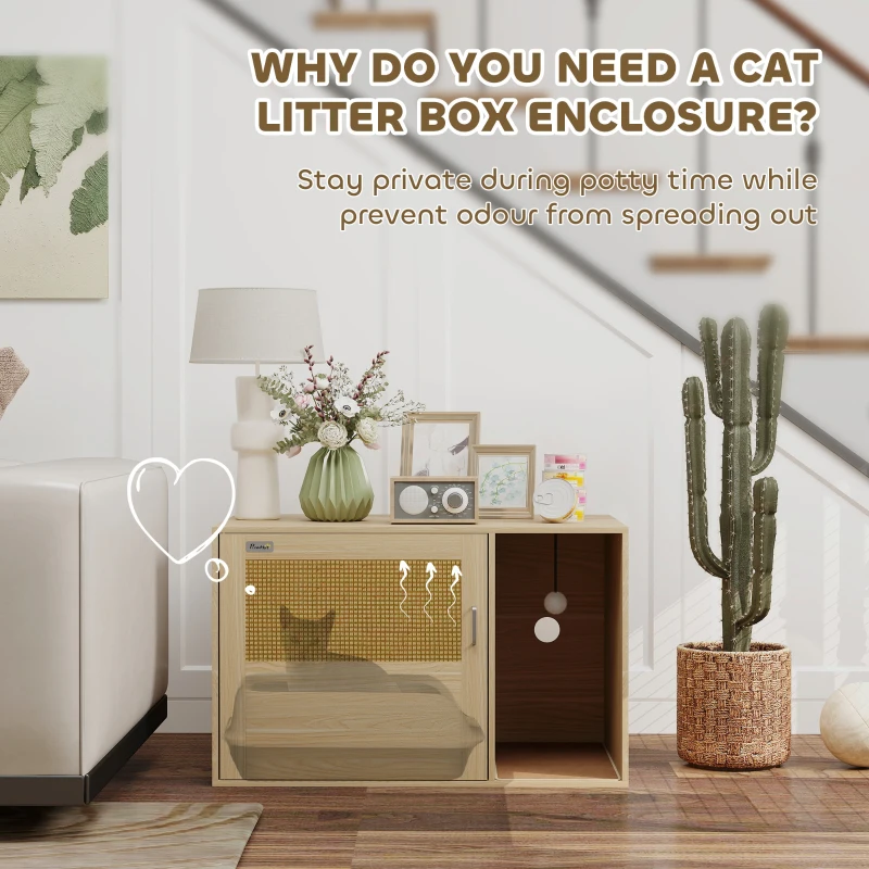 PawHut Boho Style Cat Litter Box Enclosure with Rattan Door, Scratching Mat, Non-slip Foot Pads, 31.5" x 20" x 20"