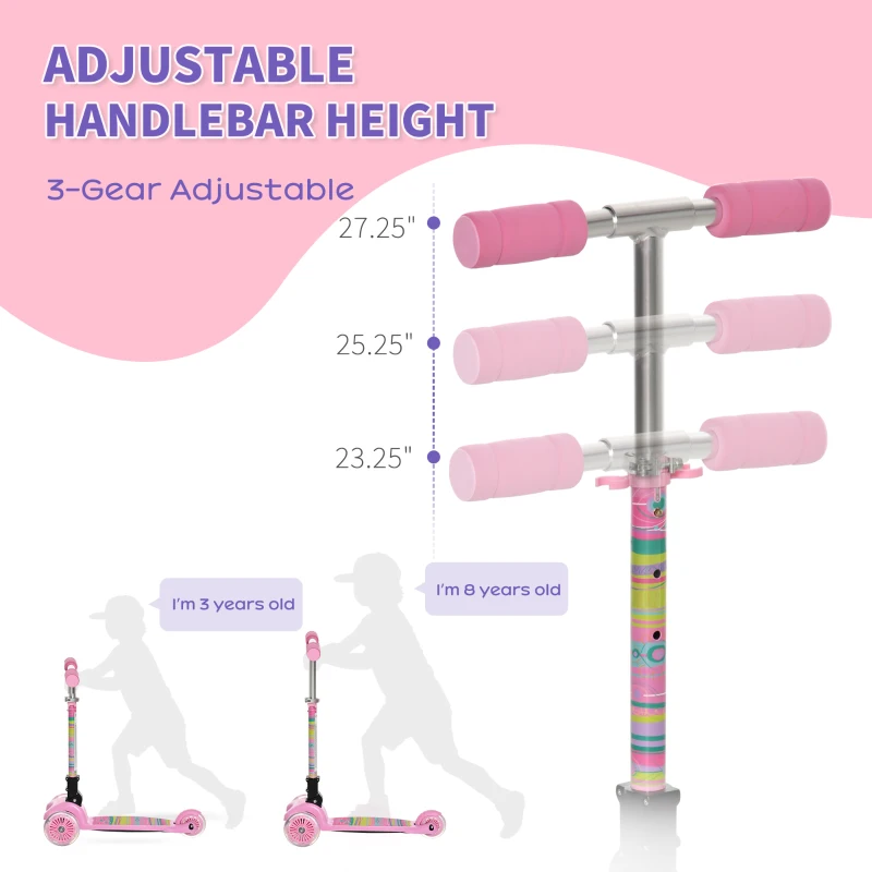 Aosom Kick Scooter for Kids, Foldable Children's Scooter with 3 Wheels, Adjustable Height, and Flashing LED for Boys and Girls, Pink