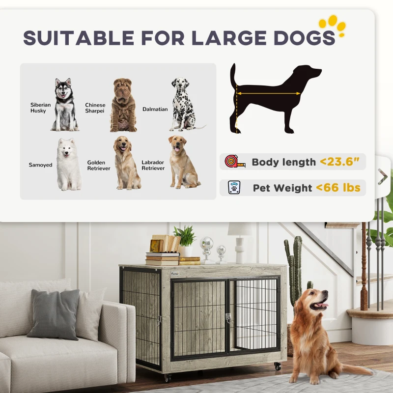 PawHut 39" Dog Crate Furniture End Side Table with Wheels, Interchangeable Side Door, for Large Dogs, Gray