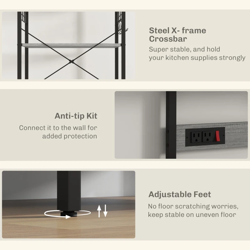HOMCOM Kitchen Baker's Rack with Power Outlet, Coffee Bar Station with Adjustable Shelves and Hooks, Distressed Grey