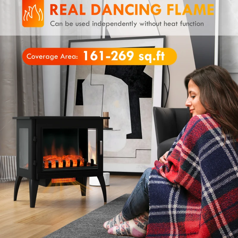 HOMCOM 24" Electric Fireplace Stove, Freestanding Infrared Fire Place Heater with Realistic Logs Flame, Adjustable Temperature, Overheat Protection, 1000W/1500W, Black