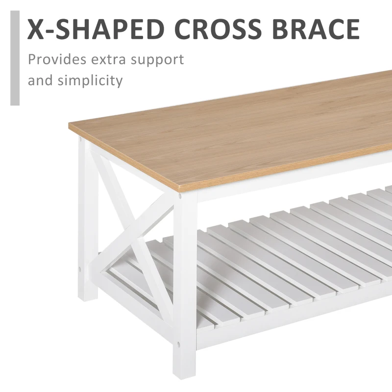HOMCOM Farmhouse Style Coffee Table with X Bar Frame, Open Slat Wooden Bottom Shelf, Natural/White