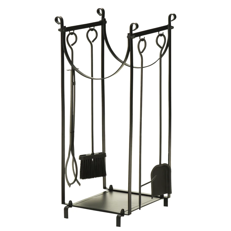 Outsunny Firewood Rack with Fireplace Tools, Outdoor Firewood Holder, 30.25" Tall Build with 2-Tiers for Fireplace, Wood Stove, Hearth or Fire Pit, Poker, Tongs, Broom, Shovel, Black