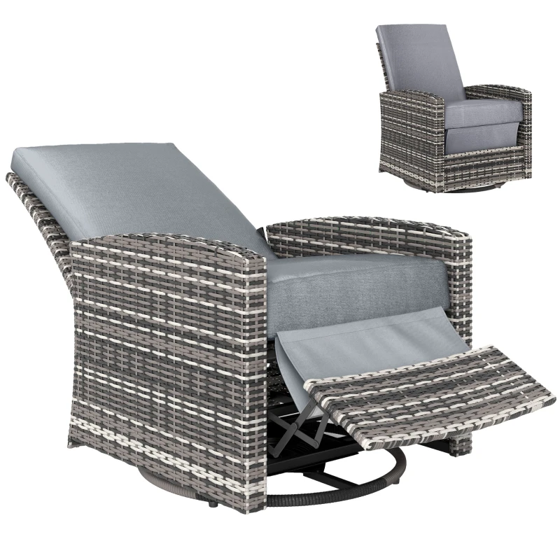 Outsunny Outdoor Rattan Wicker Lounge Chair with Footrest & Soft Cushion for Patio, Garden, Backyard, Grey