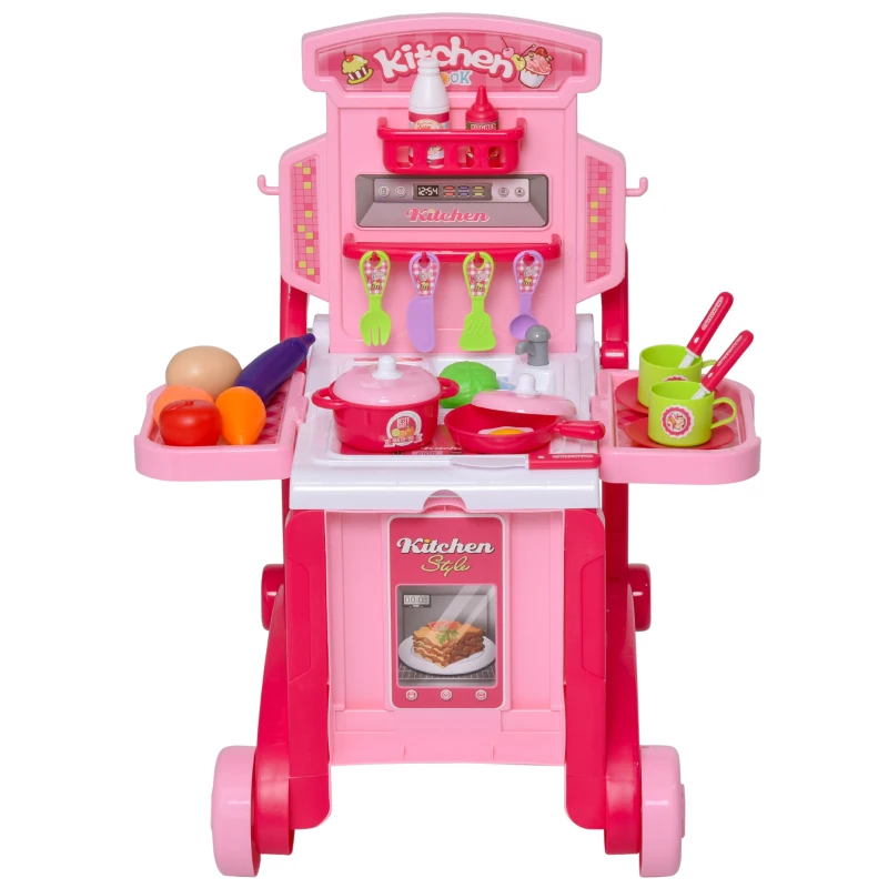 Qaba Kids Toy Pretend Play Kitchen Set Role Play with a Unique 3-in-1 Design, 42 Accessory Pieces, & Good Material