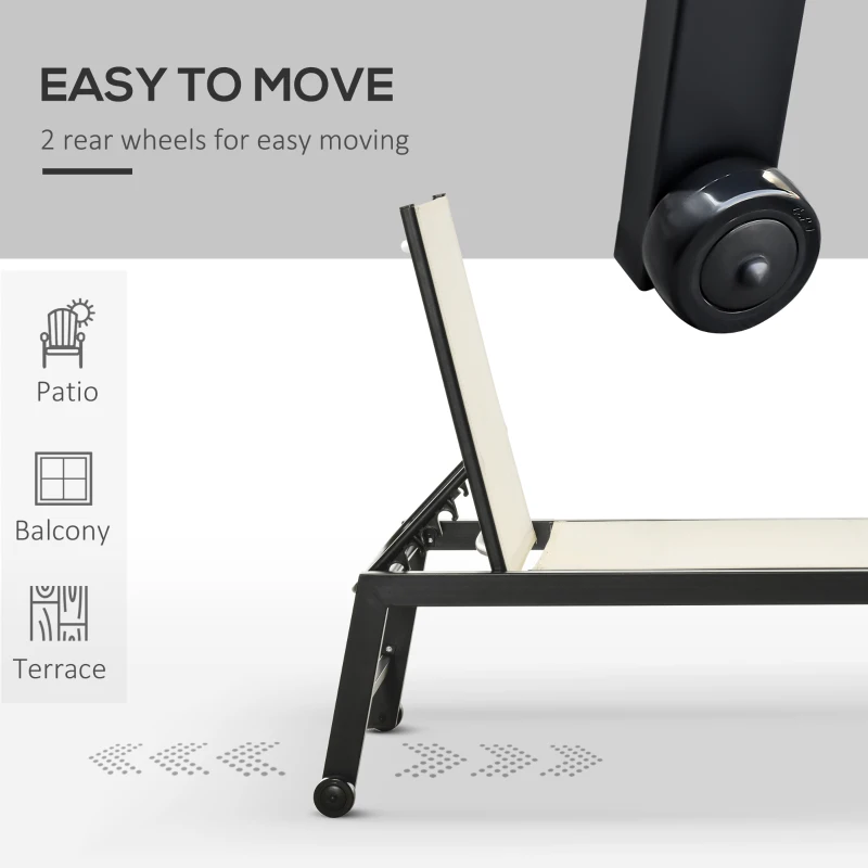Outsunny Outdoor Chaise Lounge with Wheels, Five Position Recliner for Sunbathing, Suntanning, Steel Frame, Breathable Fabric for Beach, Yard, Patio, Cream White