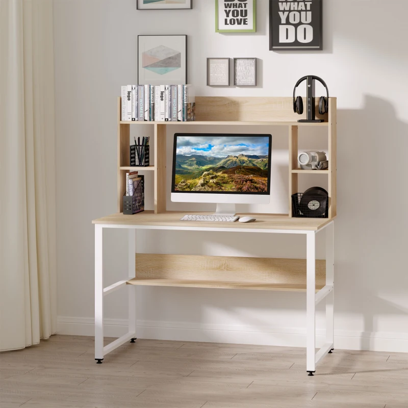 HOMCOM Office Computer Desk Writing Table Workstation with Storage Shelves,  Decorative Hutches, & Strong Build, Oak