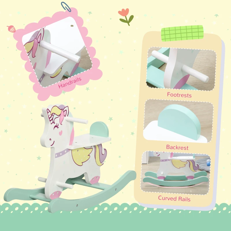 Qaba Wooden Rocking Horse Toddler Rocker Ride On Unicorn for 1-3 Years Old Baby Toy Girl and Boy Gift