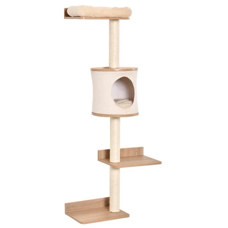 PawHut 4-Level Wall-Mounted Cat Tree Activity Tower, Wall Cat Shelves with Sisal Rope Scratching Posts, Cat Condo and Bed, Light Brown