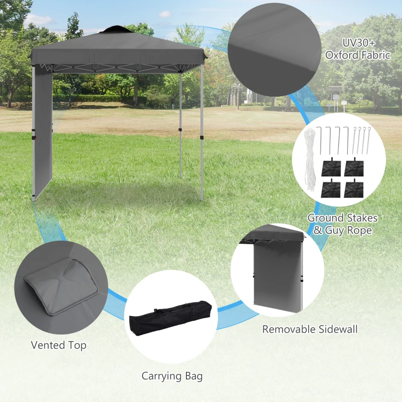 Outsunny 8 x 8 Pop Up Canopy with 1 Sidewall, Carry Bag and 4 Sand Bags, Height Adjustable Instant Sun Shelter, Dark Grey