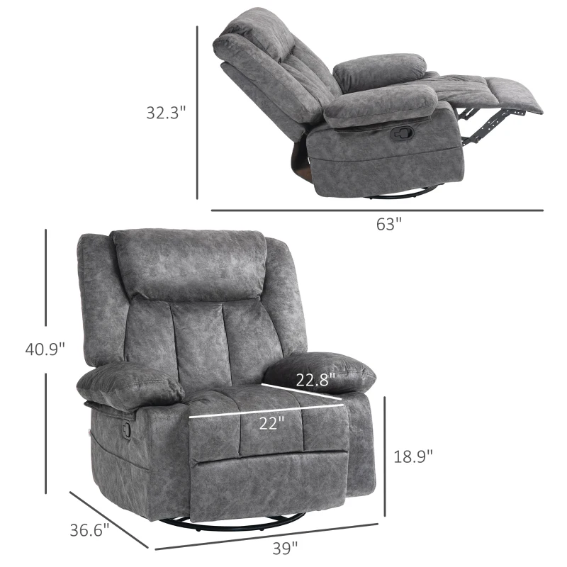 HOMCOM Rocker Recliner Chair with Swivel, Fabric Reclining Chair with Cushion, Rocking Chair with Footrest, Charcoal Gray