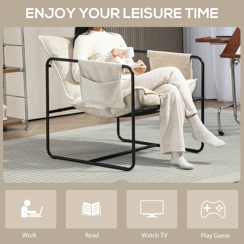 HOMCOM Modern Accent Chair, Upholstered Armchair with Side Pockets and Steel Frame, Comfy Reading Chair for Bedroom, Beige