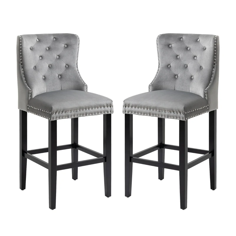 HOMCOM Upholstered Fabric Bar Stool Set of 2, Button Tufted 29.5" Seat Height Pub Chairs with Back & Wood Legs, Grey