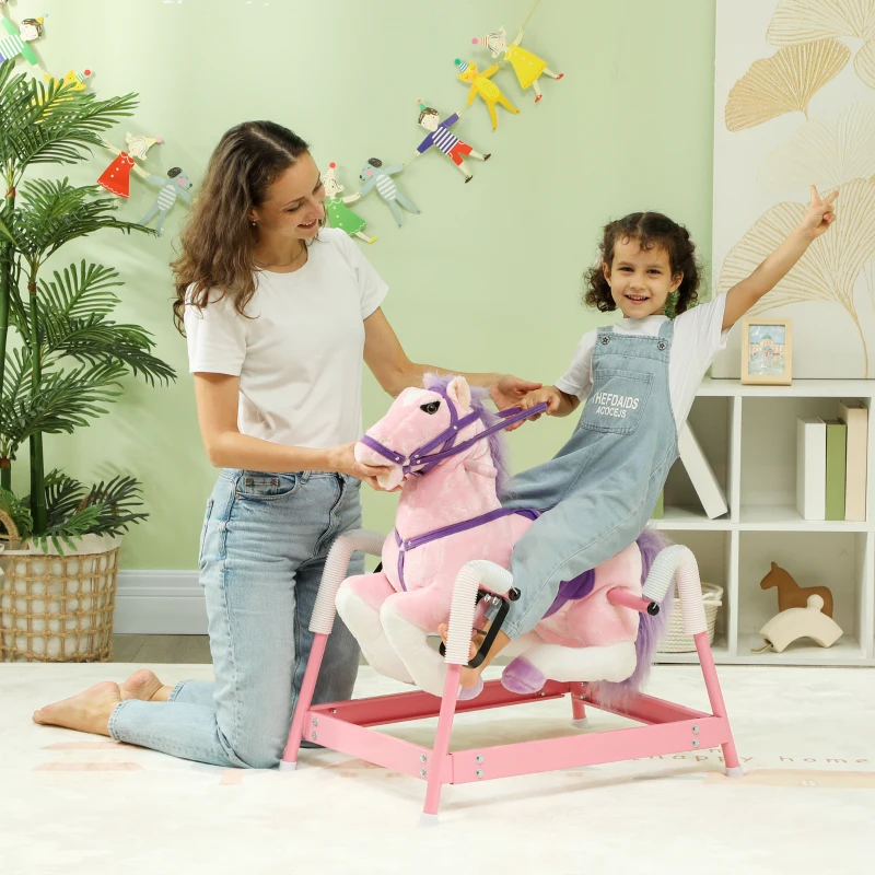 Qaba Spring Rocking Horse, Kids Ride on Horse, Plush Horse Ride-on w/ Sounds & Foot Stirrups for Kids 3-8 Years, Pink