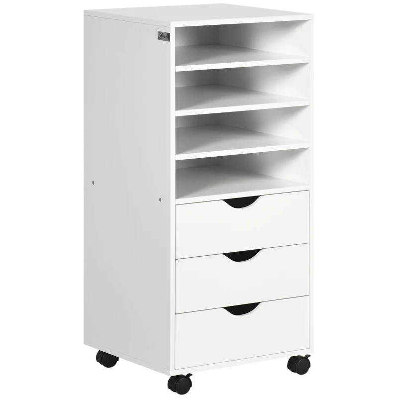 Vinsetto Vertical Filing Cabinet, Mobile File Cabinet on Wheels with 3 Drawers and 4 Open Shelves, Printer Stand with Lockable Casters for Home Office, White