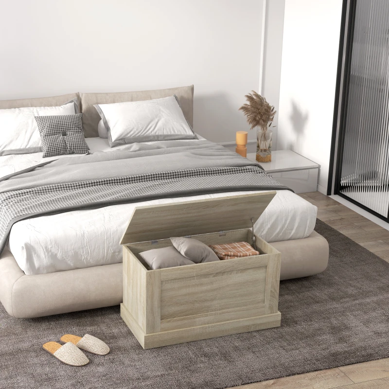 HOMCOM 31.5 Inches Storage Chest, Storage Trunk with Safety Hinge, Wooden Box for Living Room, Natural Wood Grain