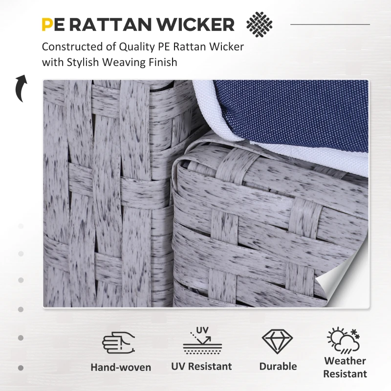 Outsunny 5 Pieces Wicker Patio Furniture Sofa Set Thick Padded Cushions, Outdoor PE Rattan Conversation Coffee Set with Armchairs, Footstools and Glass Top Table, Blue and White