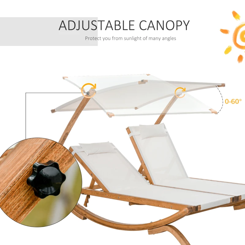 Outsunny Wooden Outdoor Double Chaise Lounge, Patio Loveseat Tanning Chair with Adjustable Canopy Shade, 3-Level Backrest, Removable Pillows for 2 People for Poolside, Beige