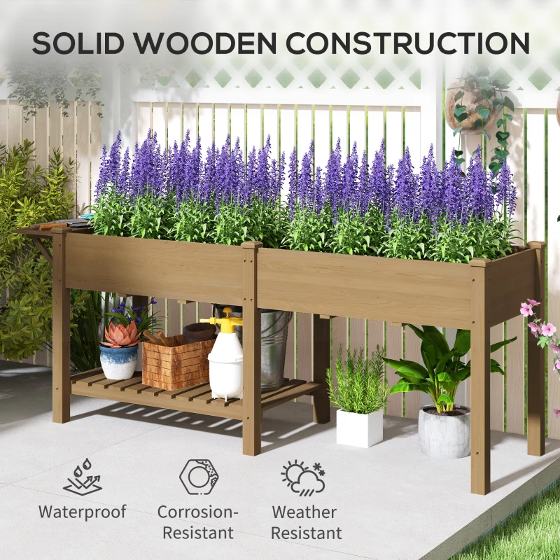 Outsunny Wood Raised Garden Box, Elevated Garden Bed with Side Table, Bottom Shelf, Bed Liners and Drainage Holes, Carbonized
