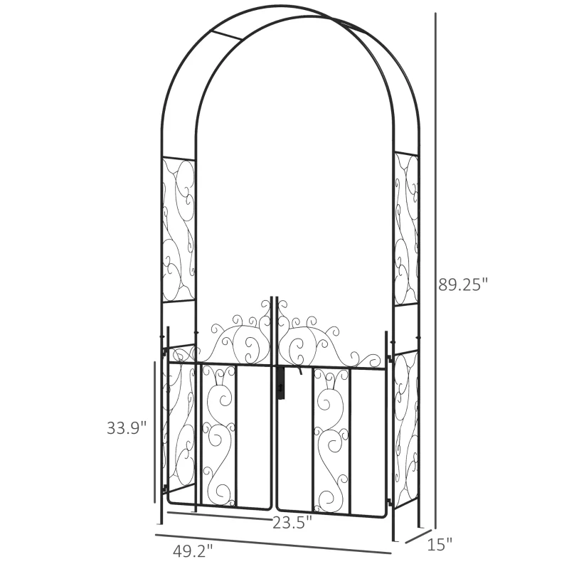 Outsunny 89.25" Metal Garden Arch with Gate, Garden Arbor Trellis for Climbing Plants, Roses, Vines, Wedding Arch, Black