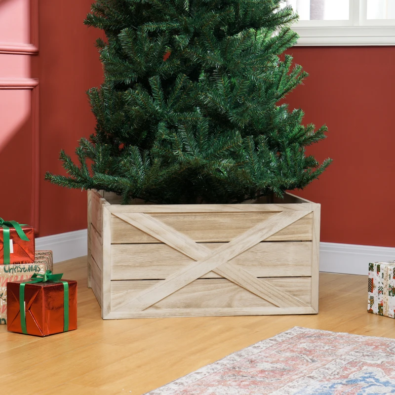 HOMCOM 28" Farmhouse Christmas Tree Base Cover Wooden Christmas Tree Collar Box Home Decoration, Light Distressed Wood Finish