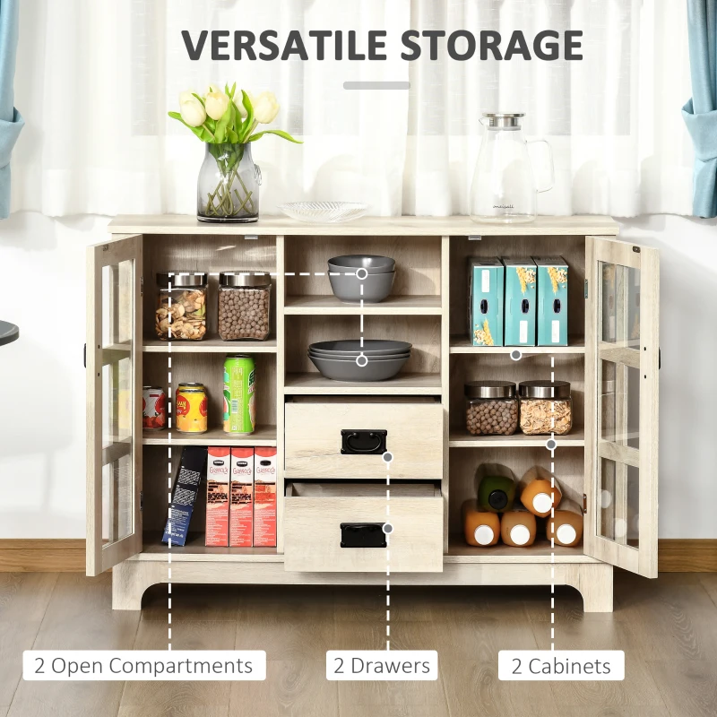 HOMCOM Sideboard Buffet Cabinet with Glass Door, Coffee Bar Cabinet with Storage Drawers & Adjustable Shelves for Kitchen, Living Room, White Oak