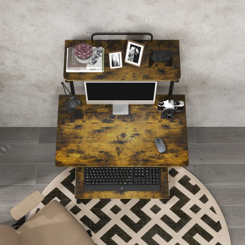 HOMCOM 32" Mobile Computer Table, Rolling Study Desk for Home Office with Keyboard Tray, Storage Shelves, Wheels, Rustic Brown