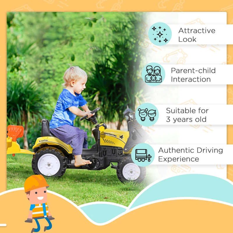 Aosom Ride-On Kids Bulldozer/Excavator Toy with Real Working Dirt Bucket, Easy Pedal Controls, 6 Wheels, & Cargo Trailer