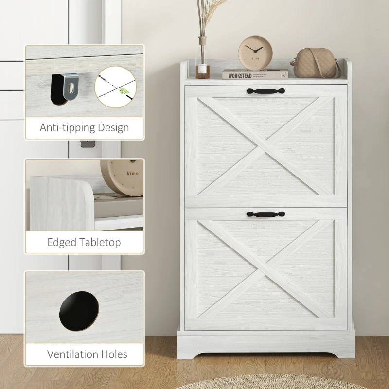 HOMCOM Slim Shoe Storage Cabinet, Farmhouse Shoe Cabinet with 2 Flip Drawers, Adjustable Shelves for 8 Pairs, Distressed White