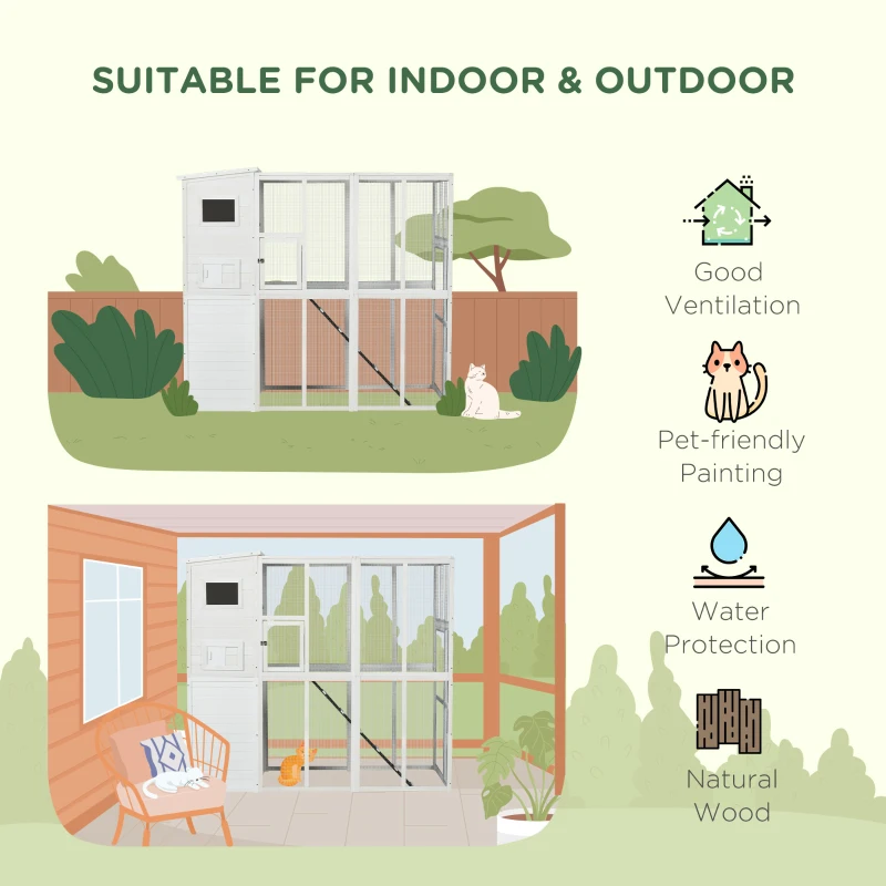 PawHut Wooden Outdoor Catio with Platforms, Asphalt Roof, Ramps, White